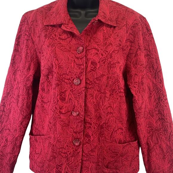 Coldwater Creek Reds Embroidered Floral Detail Comfort Stretch Button Blazer M - Picture 2 of 10